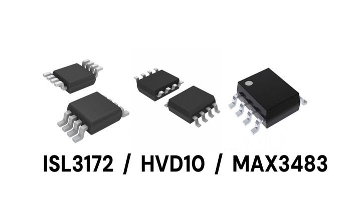 RS-485/RS-422 transceiver image comparison: ISL3172EIUZ-T, SN65HVD10DR, and MAX3483AEASA+