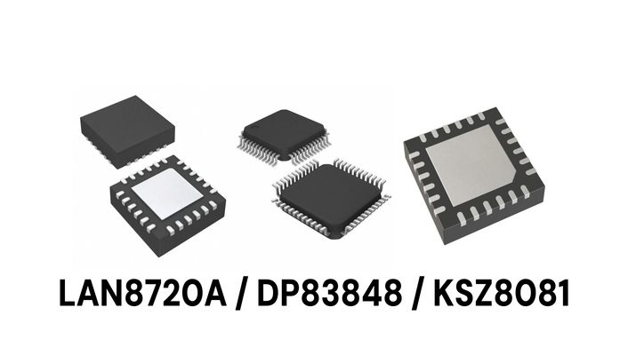 Ethernet PHY product image comparison: LAN8720AI-CP, DP83848IVV, KSZ8081RNACA