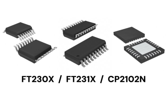 USB-to-UART bridge ICs product image comparison: FT230X, FT231X, CP2102N
