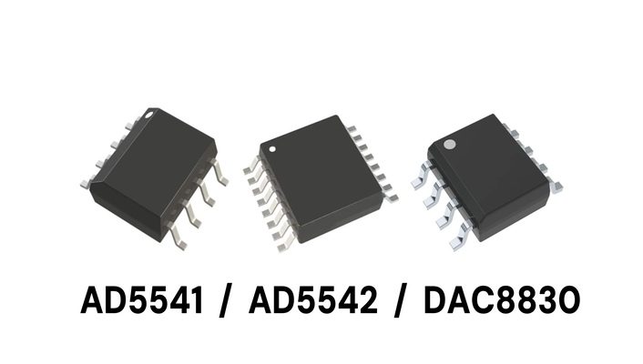 Voltage output DACs product image comparison: AD5541JRZ, AD5542AARUZ, DAC8830IBD